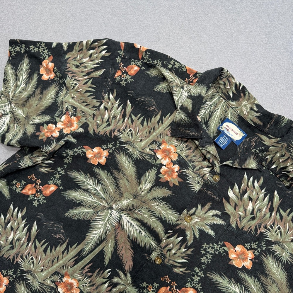 Island Blue Hawaiian Shirt Men's 2X Black Palm Tree Floral Button Up Silk Cotton